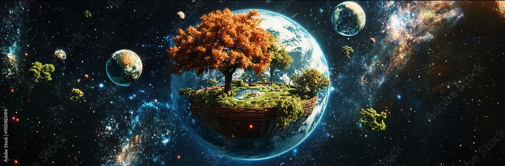 Poster **earth with trees and rivers floating like balloons in a giant picnic basket in space