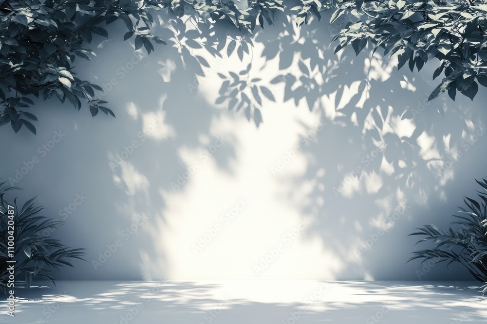 Poster a plain white studio setting for product display. an empty room with the shadows of windows, flowers