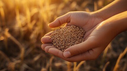 A close-up of a person's hands holding grains of wheat against a golden field at sunset.