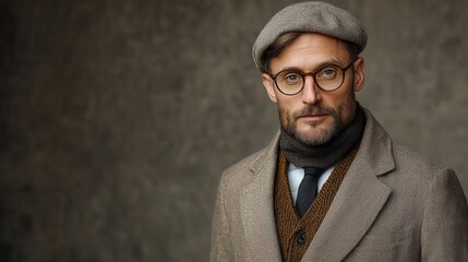 Fototapeta premium Stylish man poses confidently in a classic outfit with a beret and round glasses against a neutral background in a modern urban setting