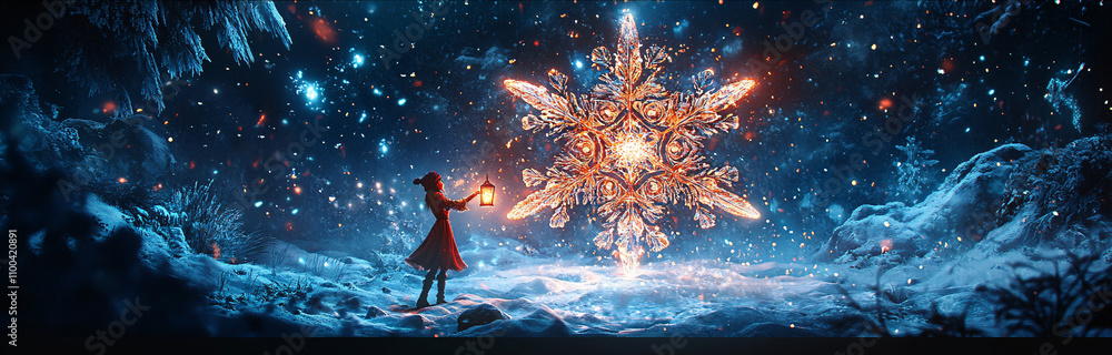 Poster enchanted elf dancing around a giant snowflake, illuminating it with a magical floating lantern
