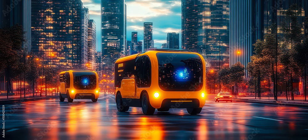Poster autonomous food delivery robots navigating a futuristic tech-driven cityscape