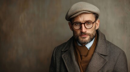 Stylish man in a vintage outfit with glasses and a cap poses against a textured background in a classic setting