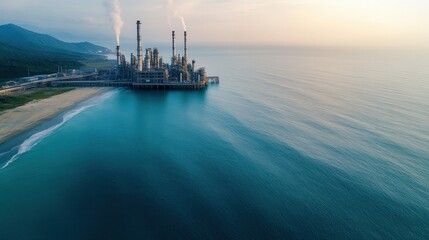 Fototapeta premium Industrial facility along serene coast during sunset, showcasing advanced technology and tranquil waters with distant mountains in view