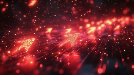 Obraz premium Red Arrows Down - red, arrows, down, abstract, background, light, glow, digital, dark, sparkles, bright, pattern, texture, graphic, motion, design, concept