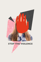 Vertical photo collage of anonym girl instead face human hand palm stop violence gesture domestic...