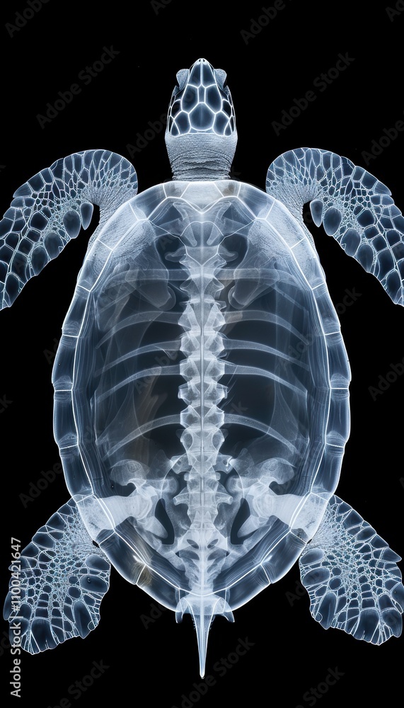 Poster detailed x-ray image of turtle shell highlighting bone structures for scientific study