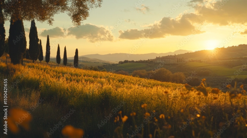 Poster enchanting sunset over rolling hills with golden fields and cypress trees