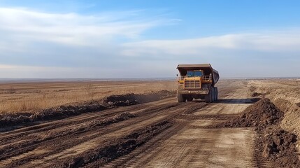 Fototapeta premium Large dump truck driving on a dirt road in a flat landscape.