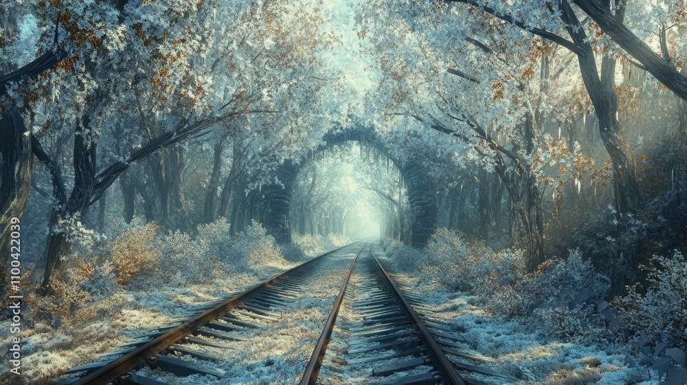 Poster a serene winter scene of a railway surrounded by frosty trees and a misty light.