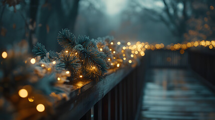 Frosted pine branches adorned with warm fairy lights line a wooden bridge, creating a magical winter scene. Soft focus and bokeh effect add to the enchanting ambiance.