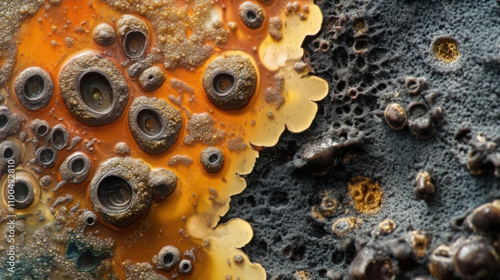 Poster a macro view of bacteria colonies on a textured surface, with high detail showing slimy textures