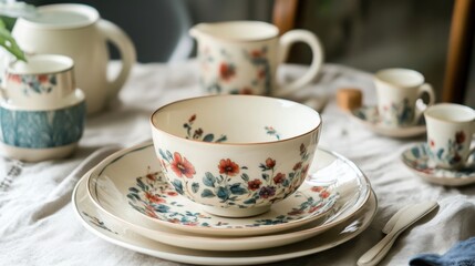 Fototapeta premium a porcelain dinner set with hand-painted floral designs