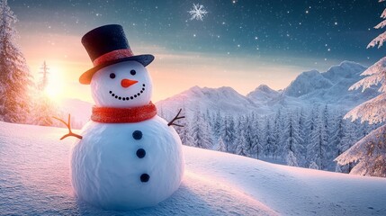 Obraz premium Cute snowman in snowy field, Frosty the snowman in snow covered hills at night. Wearing knit scarf and hat. 