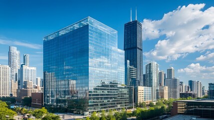 Obraz premium High rise office buildings with expansive glass exte AI generated illustration