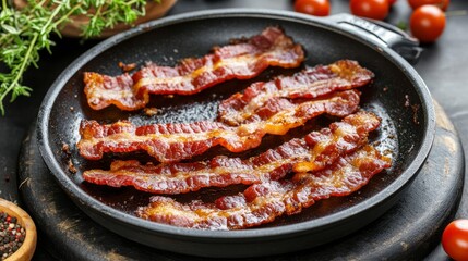 Crispy Bacon Strips in a Frying Pan, Ready to Enjoy