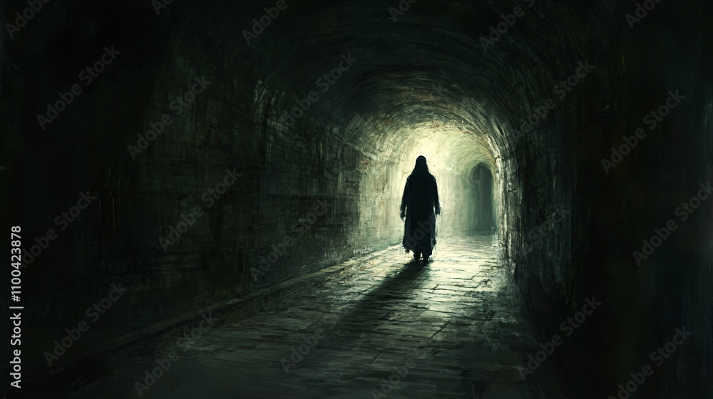 Poster mysterious figure hiding in the shadows of a dimly lit tunnel, footsteps echoing in the distance, cr
