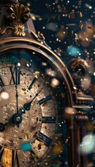 Ornate Clock Striking Midnight with Falling Confetti for New Year's Eve Celebration