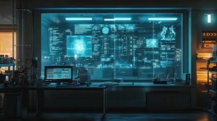 Obraz premium Futuristic Control Room with Tech Consoles and Neon Blue Displays at Night