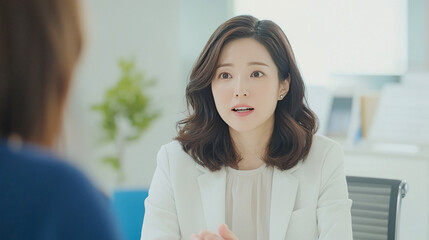 Asian female professional in discussion at modern office setting