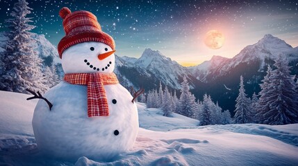 Obraz premium Cute Snowman on a Starry Winter Night: A snowman illuminated by the soft glow of moonlight and twinkling stars and snowy ground glistening around it. Winter wonderland.
