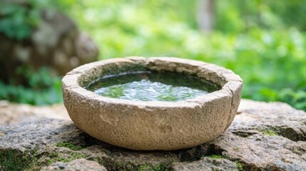 Fototapeta premium Tranquil stone water fountain in lush green garden