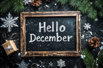 a chalkboard with the word "Hello December" written on it, surrounded by a wooden frame, snowflakes, and pine branches, in a flat lay, top view Generative AI
