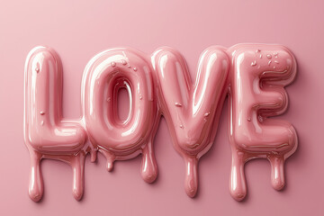 banner with 3D text "LOVE" in the style of dripping liquid, pink on a pink background