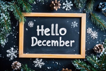 text "Hello December" written with white chalk on a blackboard in a wooden frame, surrounded by pine branches and snowflakes on a dark background Generative AI