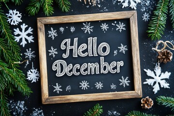 "Hello December" text, this is a monthly writing module The text is written on a chalkboard with a wooden frame, with snowflakes and pine branches on a black background Generative AI