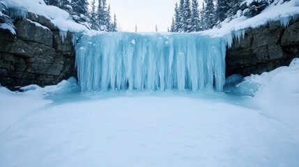 Frozen waterfall in snowy forest landscape