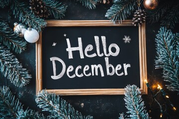 text "Hello December" written with white chalk on black paper, framed by Christmas decorations like pine branches and snowflakes, on a dark background Generative AI