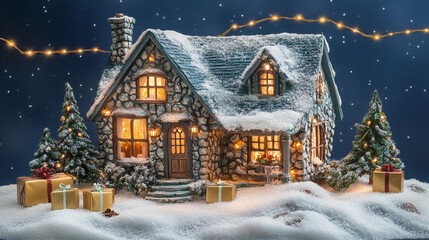 Fototapeta premium Cozy Stone Cottage Christmas Scene Snow Lights Gifts Trees
