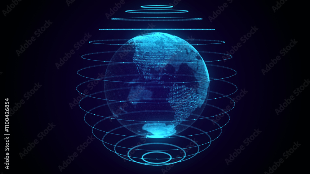 Poster Global world network concept. Safety wireless network connection technology. Big data analytics and visualization. Science background with blue planet Earth. 3D rendering.