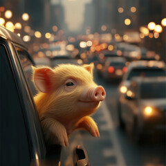 Adorable Piglet Looking Out of a Car Window in Traffic