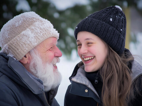 Grandfather and granddaughter laughing together in snowy outdoors