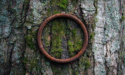 Rusty metal ring on mossy tree bark