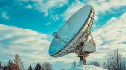 Large satellite dish in snowy landscape under blue sky