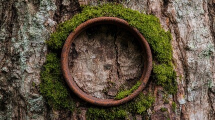 Rusty metal ring on moss-covered tree trunk