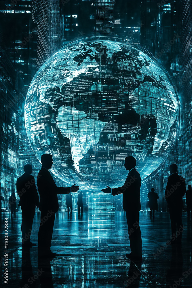 Poster glowing globe representing countries stands in a futuristic setting with silhouettes engaging in con