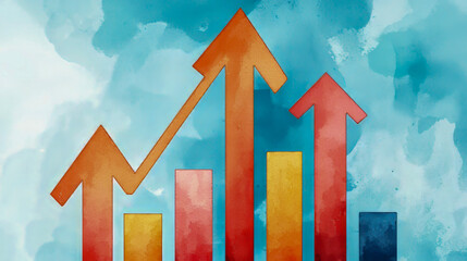 Colorful growth chart with upward arrows on abstract blue watercolor background