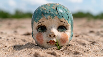 Weathered ceramic doll head in sand