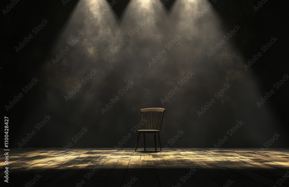 Poster a 3d rendering depicts spotlights illuminating an empty stage with a chair against a dark background