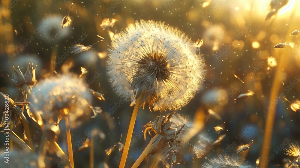Poster a close-up of dandelion seeds floating in the golden sunlight, creating a dreamy and serene atmosphe