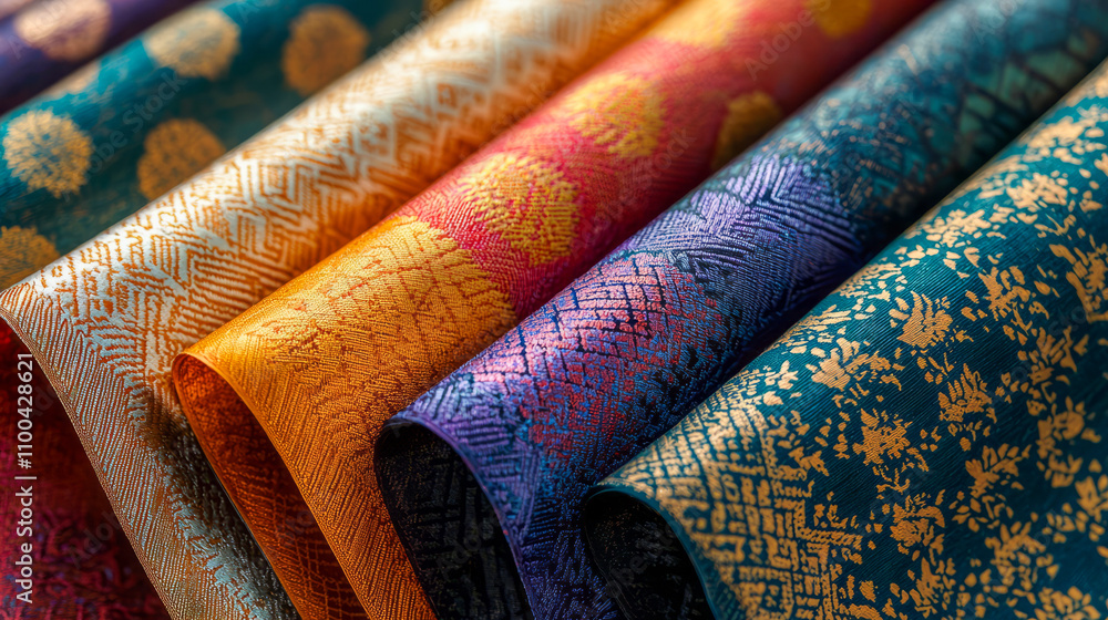 Poster colorful display of intricate textured fabrics in rich patterns