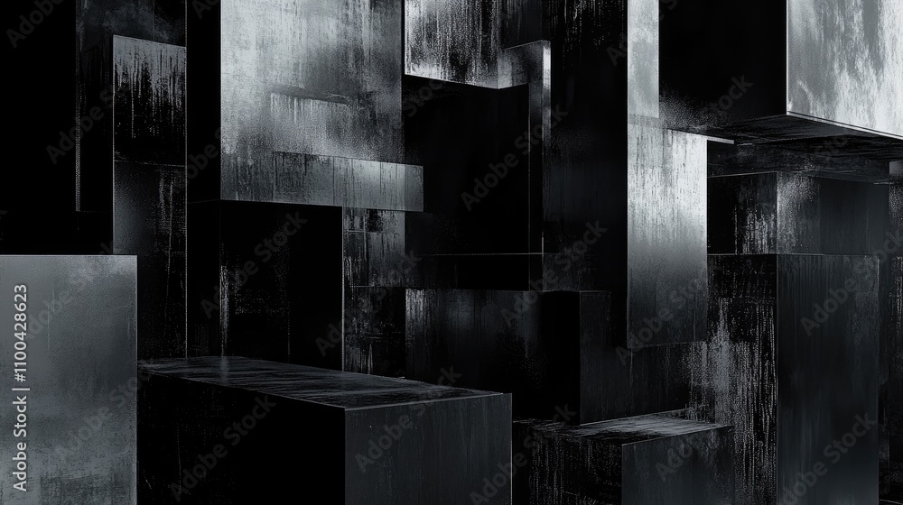 Poster abstract geometric structures with a polished black surface reflecting light. a modern artistic comp
