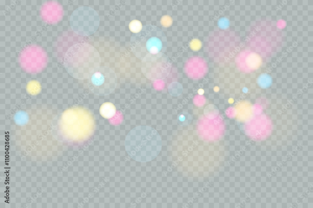 Poster Sparkling glare light effects with colorful shimmer. Beautiful lens flare effect with bokeh, glittery particles and rays. Shining abstract background. Vector illustration