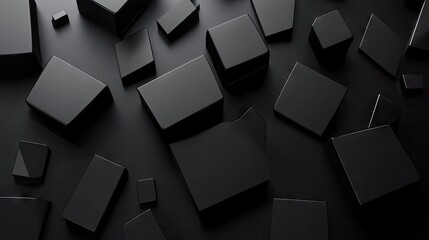Obraz premium A dynamic arrangement of sleek, black geometric shapes on a dark surface, creating a modern and abstract aesthetic.