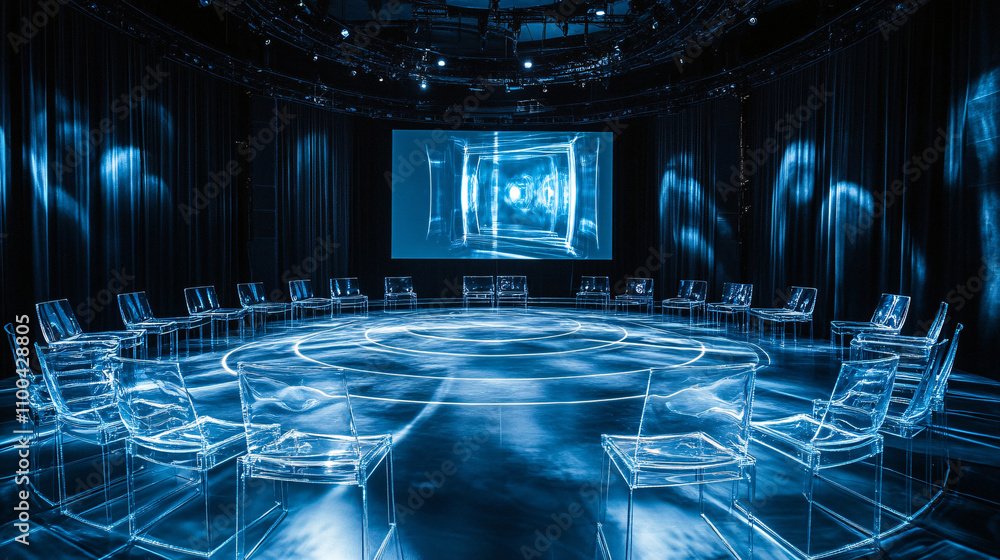 Poster transparent rows of floating chairs arranged in a spiral around a stage, with speakers projecting ho