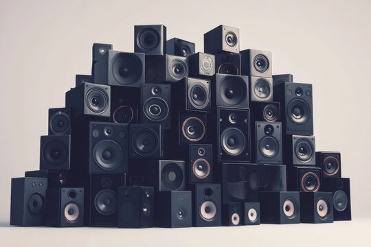 A multitude of speakers arranged consecutively on a white backdrop.